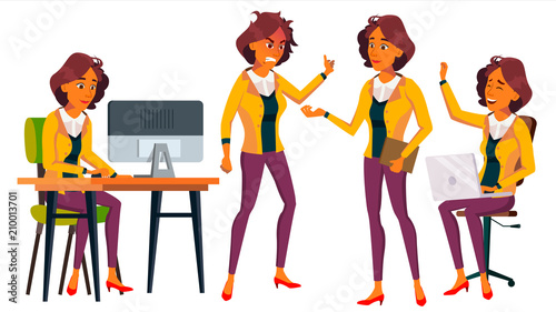 Office Worker Vector. Woman. Business Person. Face Emotions, Gestures. Situations. Flat Cartoon Illustration