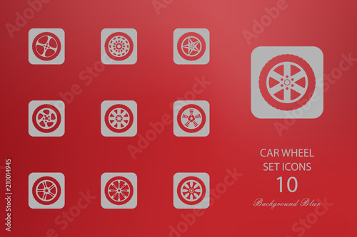 Car wheel. Set of flat icons on blurred background