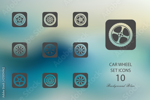 Car wheel. Set of flat icons on blurred background