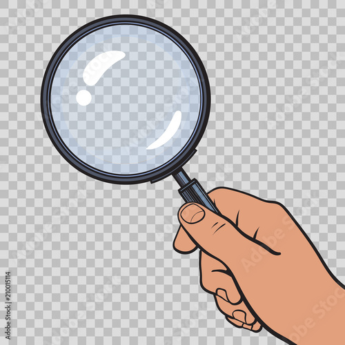 Hand holding magnifying glass on transparent background. Vector.