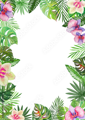 Watercolor Tropical Frame with Flowers and Leaves.