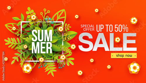 Summer sale banner with paper cut green leaves background, floral design for banner, flyer, invitation, poster, web site. Paper art cut out style, vector illustration