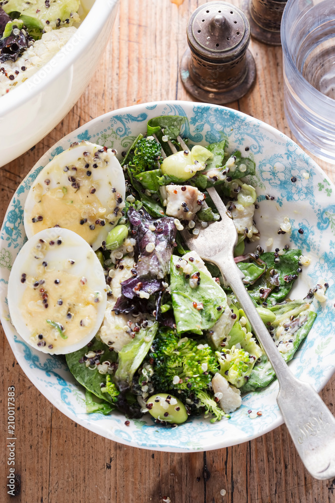 Protein chicken & egg salad  with quinoa, edamame beans and avocado dressing