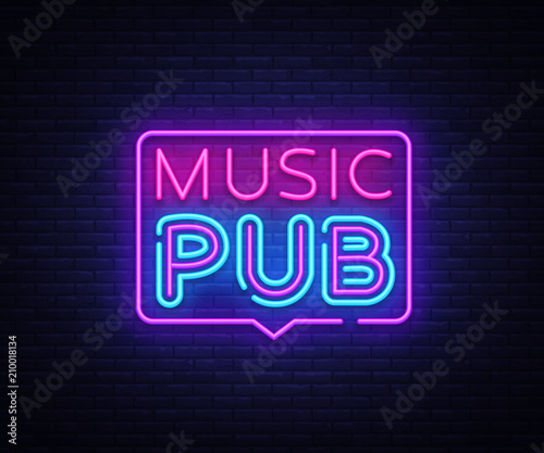 Music Pub neon sign vector. Live Music design template neon sign, light banner, neon signboard, nightly bright advertising, light inscription. Vector illustration