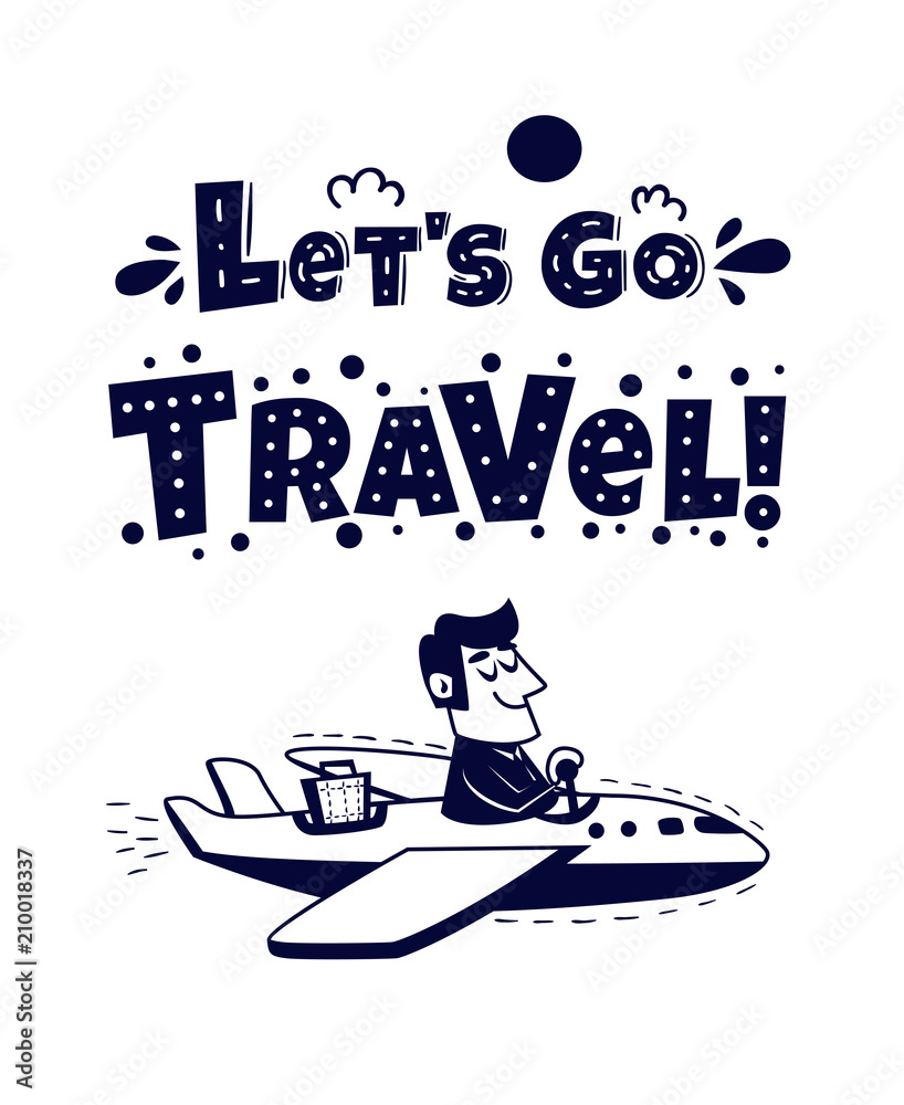 Fototapeta premium Travel icon. Happy man traveling by airplane. Vector illustration in retro cartoon style for t shirts, posters, cards, banners