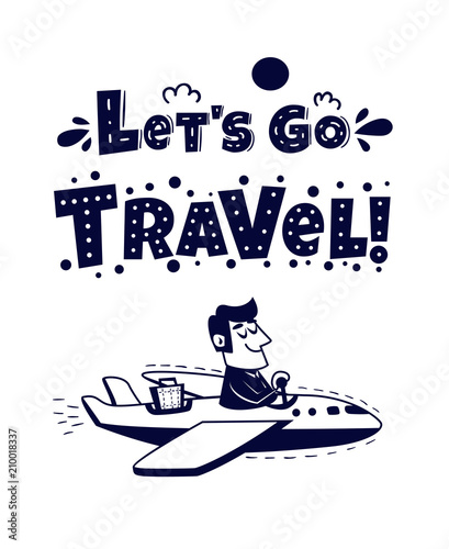Travel icon. Happy man traveling by airplane. Vector illustration in retro cartoon style for t shirts, posters, cards, banners