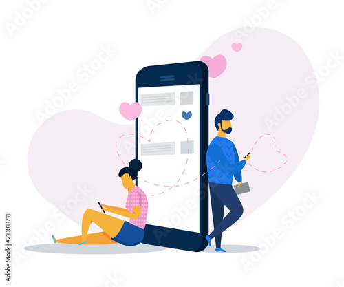 Online dating and social networking, virtual relationships concept .Male and female chatting on the Internet. Vector 3d isometric illustration.