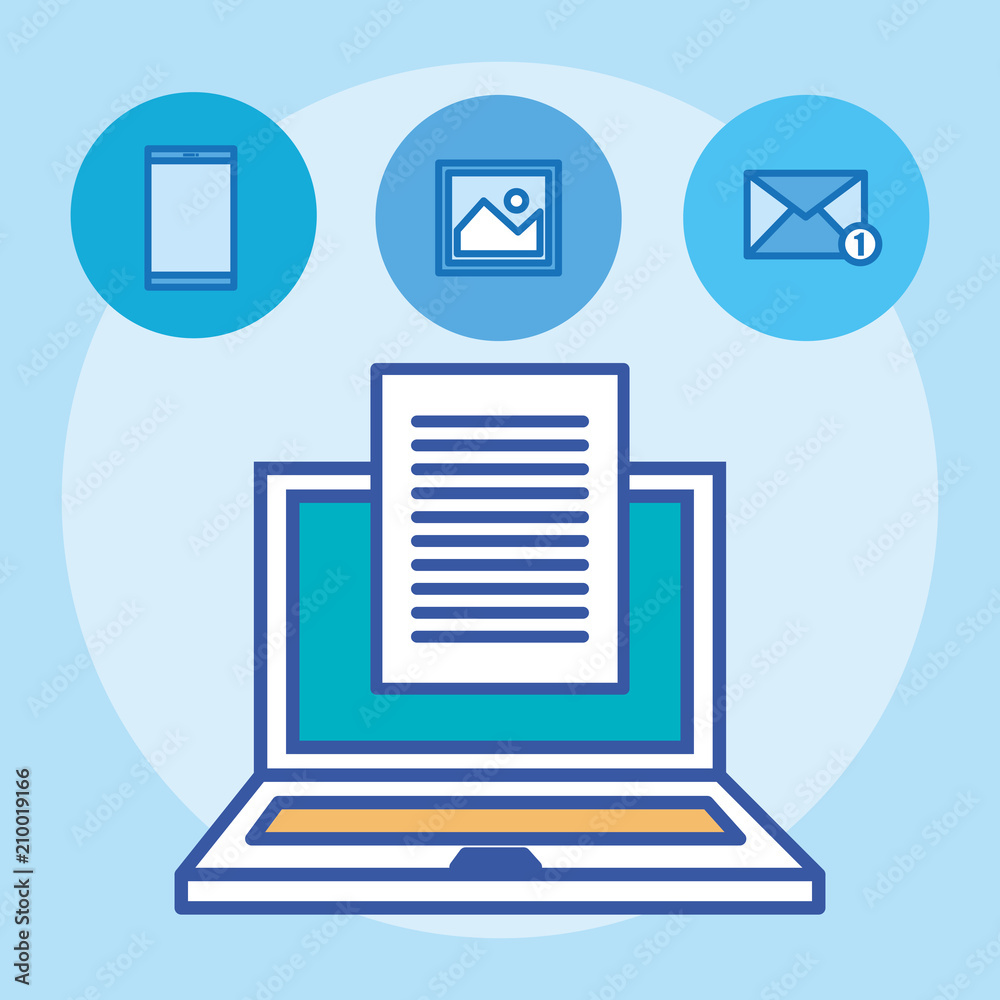 laptop computer with social media marketing icons vector illustration design