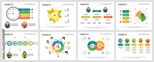 Colorful basketball or marketing concept infographic charts set. Business design elements for presentation slide templates. Can be used for financial report, workflow layout and brochure design.