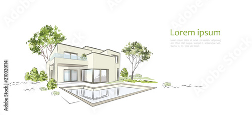 Vector architectural sketch modern exclusive house. 