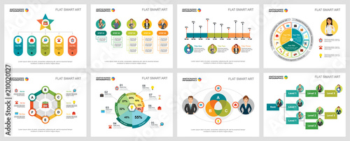 Colorful management or statistics concept infographic charts set. Business design elements for presentation slide templates. Can be used for financial report, workflow layout and brochure design.