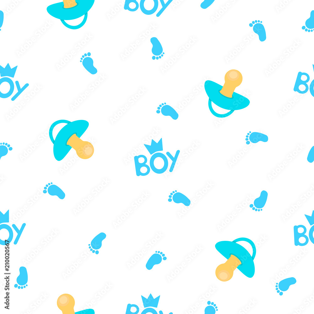 Seamless pattern with word boy, pacifiers, crowns and footprint.
