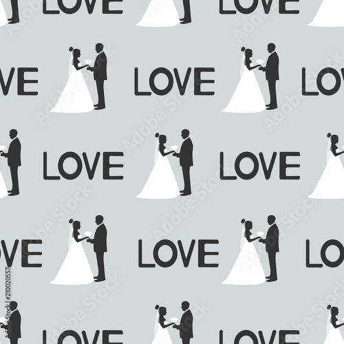 Seamless pattern with silhouettes of the bride and groom and  words Love on the white background.