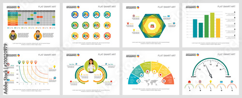 Colorful research or management concept infographic charts set. Business design elements for presentation slide templates. For corporate report, advertising, leaflet layout and poster design.