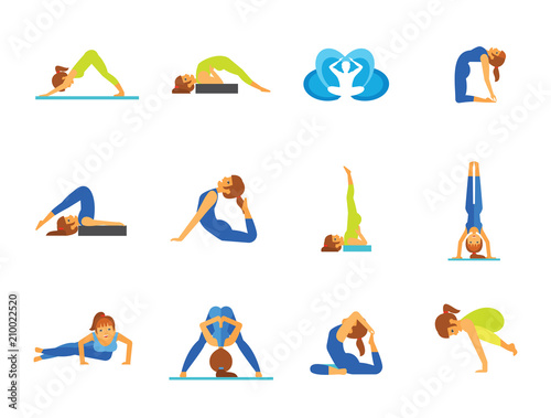 Yoga Icon Set. Meditation Rajakapotasana Sarvangasana Halasana Ustrasana Astavakasana Bakasana Handstand Virabhadrasana Svanasana Prasarita