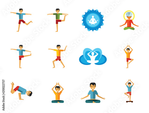 Yoga Icon Set. Infinity Meditation Handstand Virabhadrasana Lotus Position Yoga Sign Man Meditating Yogi Man Doing Yoga Man Doing Exercises Vrksasana Virabhadrasana Virasana