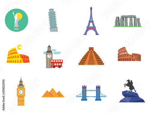 Tourist attraction icons set. Thirteen vector icons of Eiffel Tower, Big Ben, Pyramids and other tourist attractions