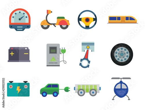 Vehicle icons set with helicopter, electrocart and trolley car. Thirteen vector icons