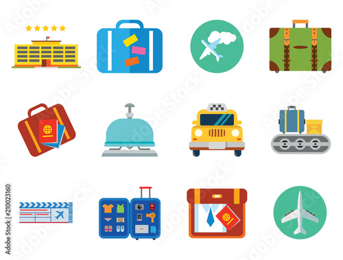 Travel icons set with airplane, flight ticket and suitcase. Thirteen vector icons