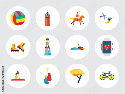 Active Sport Icon Set. Volleyball Tennis Racket Punchbag Horseracing Parachute Jump Flyboard Smartwatch Bicycle Helmet Boxing Gloves Canoeing Rollerblading Jet Skiing