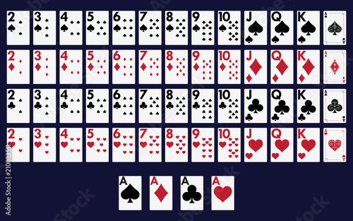 Full deck of cards for playing poker and casino. Vector illustration.