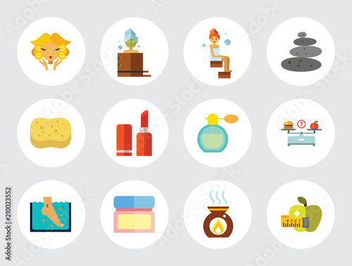 Beauty Icon Set. Woman With Curls Diet Concept Aroma Lamp Face Cream Fish Peeling Products On Scales Lipstick Sponge Stone Therapy Perfume Woman With Mudpack On Face Woman In Bath Woman In Steamroom