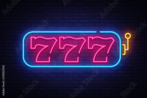 Slot Machine neon sign vector. 777 Slot Machine Design template neon sign, light banner, neon signboard, nightly bright advertising, light inscription. Vector illustration