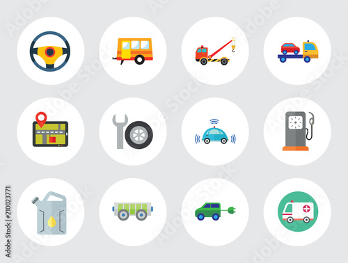 Car Icon Set. Steering Wheel Tire Electric Car Spanner And Car Wheel Petrol Jerrican Electrocart Tow Truck Caravan Petrol Station Ambulance Car GPS Tow Truck With Crane