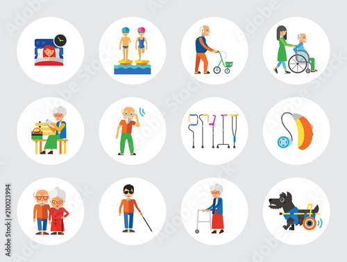 Disabled Icon Set. Blind Crutches Deaf Hearing Aid Insomnia Walker Elderly People Old Age Sportsman With Prosthesis Nurse And Patient Amputated Limbs Disabled Dog