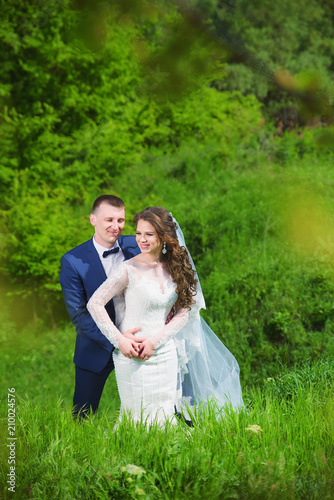 happy newlyweds are on a green hilly meadow on a tree background, photos of lovers in nature