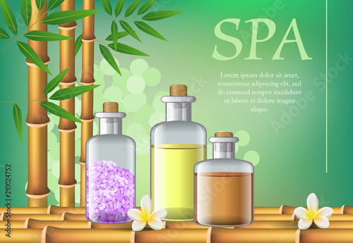 Spa lettering and oil in bottles. Spa salon advertising poster design. Typed text, calligraphy. For leaflets, flyers, brochures, posters or banners.