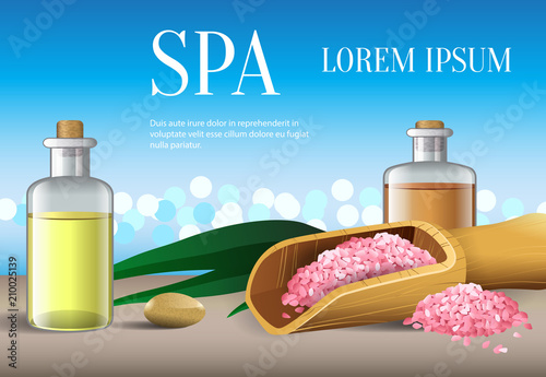 Spa lettering, bottles with oil, stone and salt. Spa salon advertising poster design. Typed text, calligraphy. For leaflets, flyers, brochures, posters or banners.