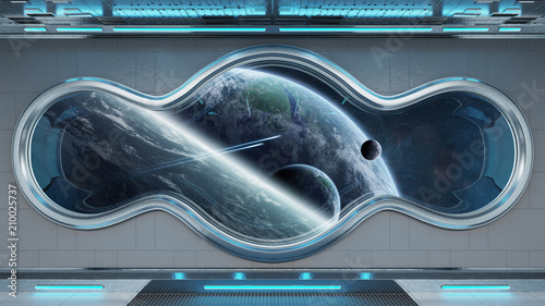 Fototapeta Naklejka Na Ścianę i Meble -  White tech spaceship round window interior background 3D rendering