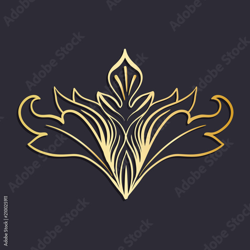 Gold Isolated plant with leaves decorations. Italian flourish baroque ornate for wedding or christmas, certificate. Yellow floral crown or golden wreath. Luxury and victorian, royal and headpiece