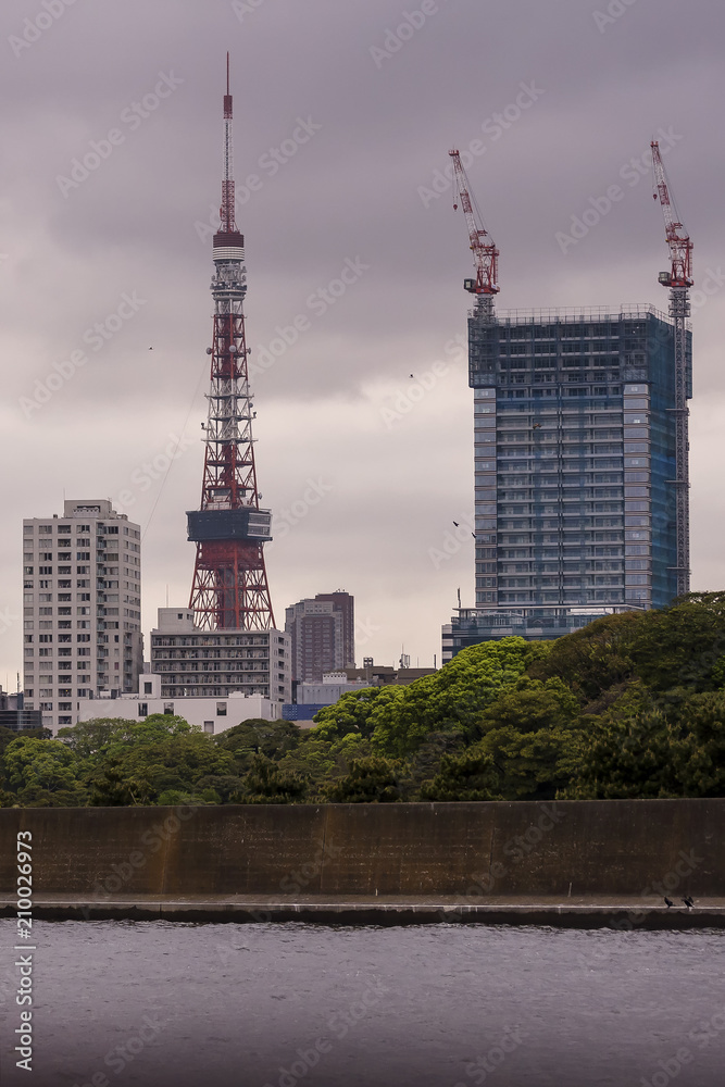 Beautiful view of Tokyo tower seen from Sumida river in sunset light, Japan