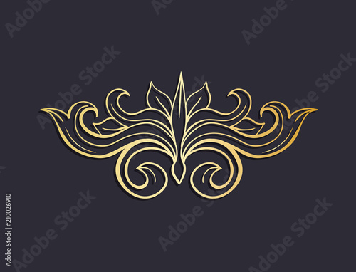 Gold Isolated plant with leaves decorations. Italian flourish baroque ornate for wedding or christmas, certificate. Yellow floral crown or golden wreath. Luxury and victorian, royal and headpiece