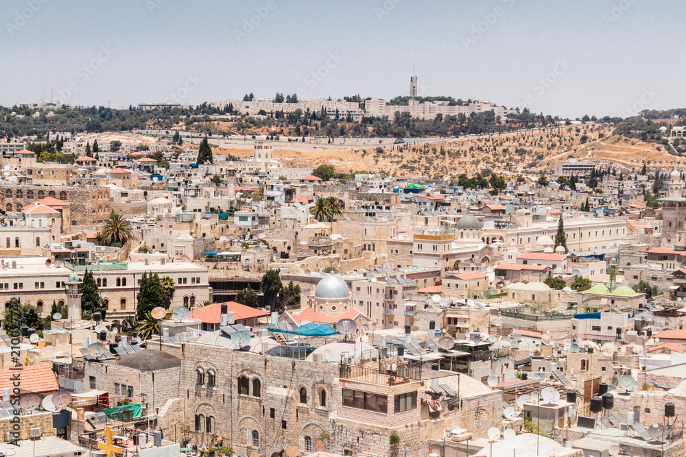 View  of Jerusalem from the Corner tower of the Evangelical Lutheran Church of the Redeemer in the old city of Jerusalem, Israel.