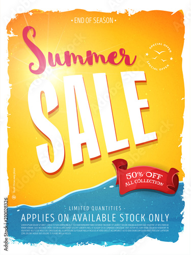 Summer Sale Template Banner/
Illustration of a summer sale template banner with colorul elements, typography and grunge frame