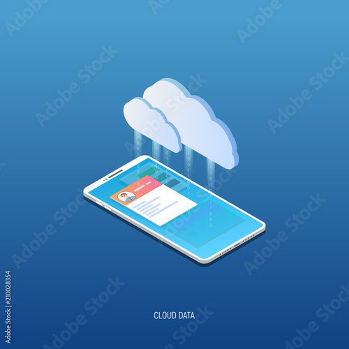 Isometric mobile phone connected to cloud storage server cloud icon. Personal information, social site photos and data transferred to cloud through binary code. Trendy gradient and isometric vector.
