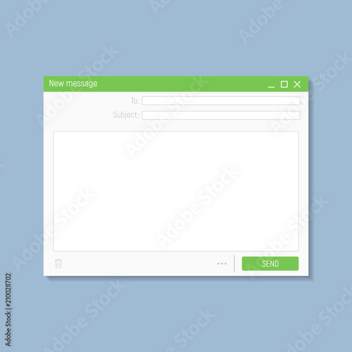 E-mail web browser window template. Blank page with subject and to fields, place for text, trash icon and send button. Frame interface for sending emails on site or in application.