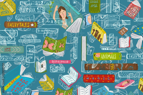 Colorful bookshelf design for education backdrop. Vector illustration.