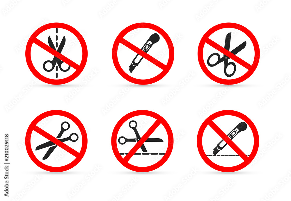 Set of Do not open with a knife or scissors. Vector illustration. Isolated on white background Set of Do not open with a knife or scissors. Vector illustration. Isolated on white background