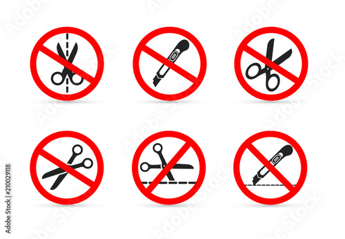 Set of Do not open with a knife or scissors. Vector illustration. Isolated on white background