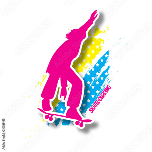 Bright silhouette of skateboarder doing jumping trick on multicolored grunge background. Stylish poster, banner. Vector