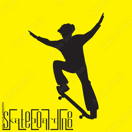 Silhouette of skateboarder doing jump isolated on yellow background. Stylish poster, banner. Vector