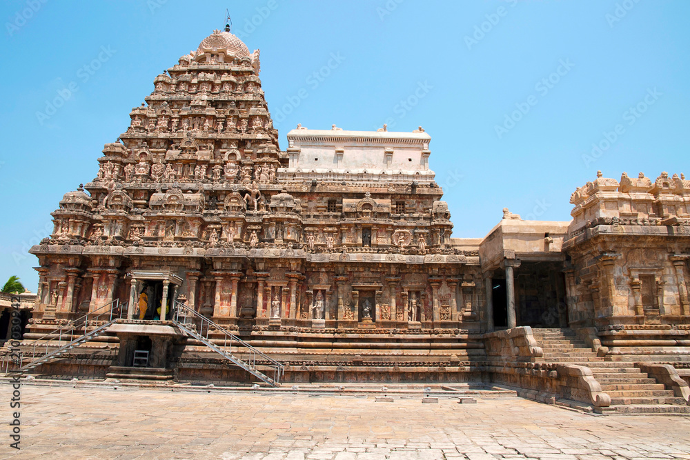 View of shrine and entrance to the mukha-mandapa on the right, Airavatesvara Temple, Darasuram, Tamil Nadu. View from South.
