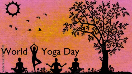 World Yoga day and orange and yellow and pink with tree and bireds photo