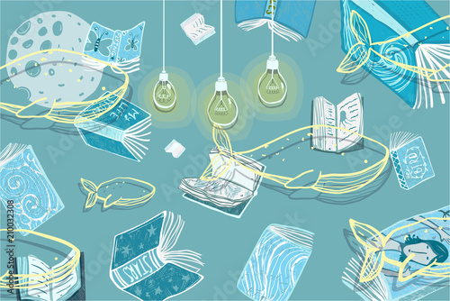 Books and literature nature underwater design. Vector cartoon.