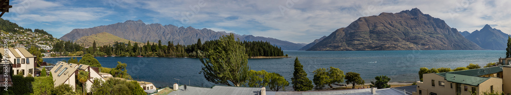 Panoramic view of Queenstown harbour and the Remarkables mountain range, New Zealand