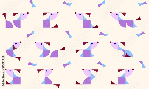 Nursery Childish Seamless Pattern Background with playing puppies. Decorativ Style Trendy Textile, Wallpaper, Wrapping Paper, Kids Apparel Design. Vector illustration.